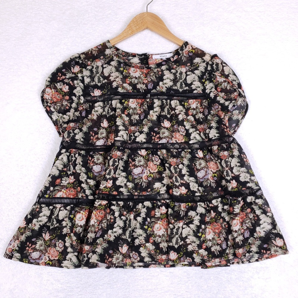 RO & DE Tiered Peplum Blouse Black Floral Cottagecore‎ Boho Womens M Whimsical